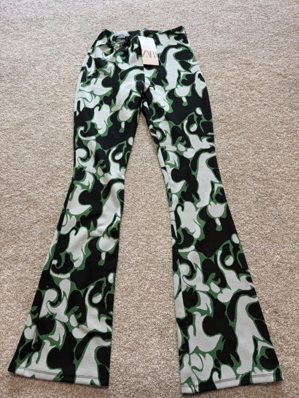 Zara Kelly Green Jacquard Marble Print High Waist Flare Knit Trousers Pants Sz S